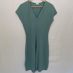 Filippa K Teal V-Neck Cap Sleeve A-Line Minimalist Midi Dress Size Small